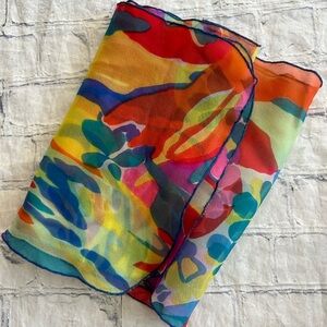 VINTAGE BOHO FLORAL SHEER CURLY HEM MULTI COLORS SCARF O/S